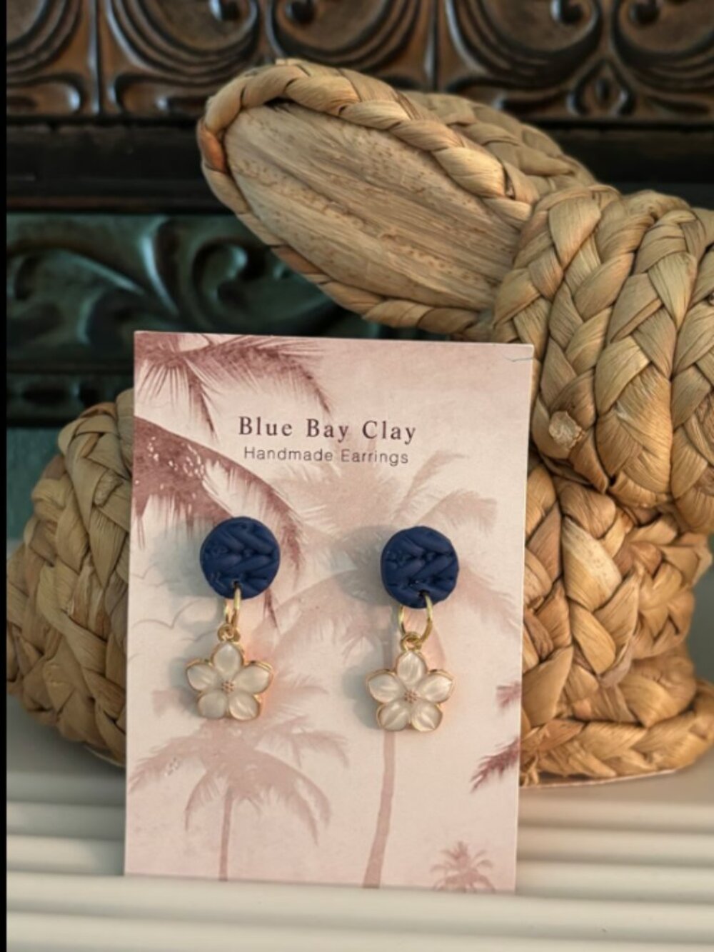 Navy with Pearl Flower Polymer Clay Earrings